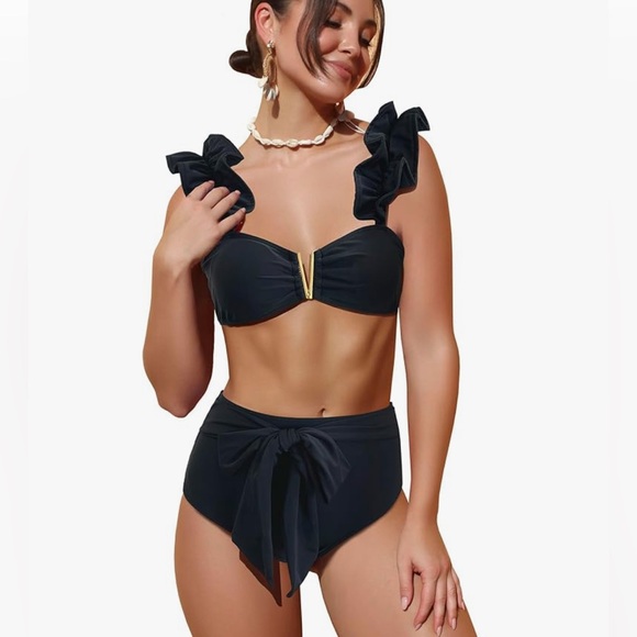 SPORLIKE Ruffle High Waisted Swimsuit Adjustable Straps Bikini Padded small - Picture 1 of 5
